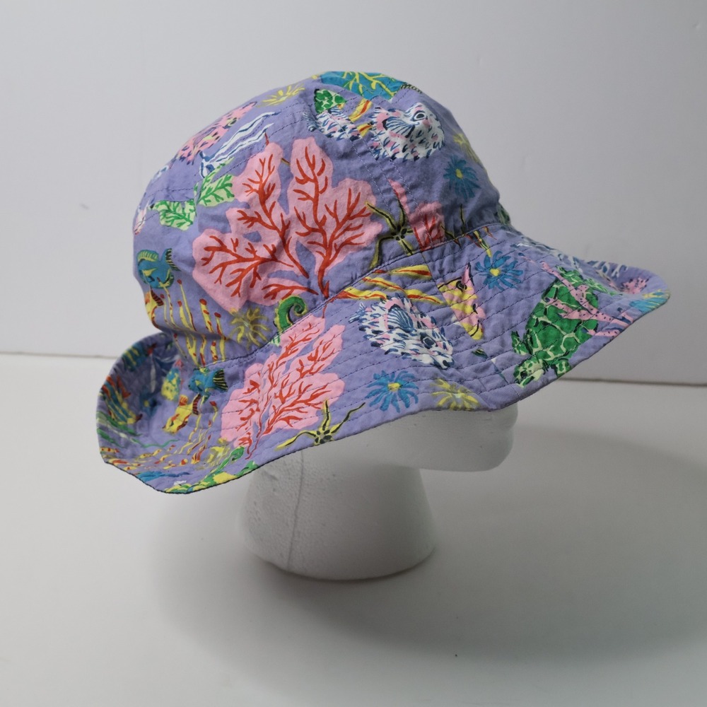 Organic Cotton Sea Life Bucket Hat Purple Seahorse Coral Print Whimsical Retro